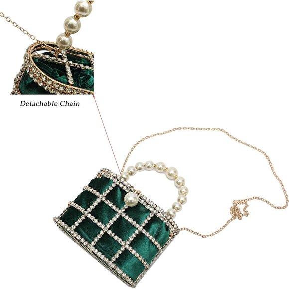 ⚡Women's Black Detachable Pearl Diamond Chain Soft Velvet Shoulder Clutch Bag - Picture 4 of 5